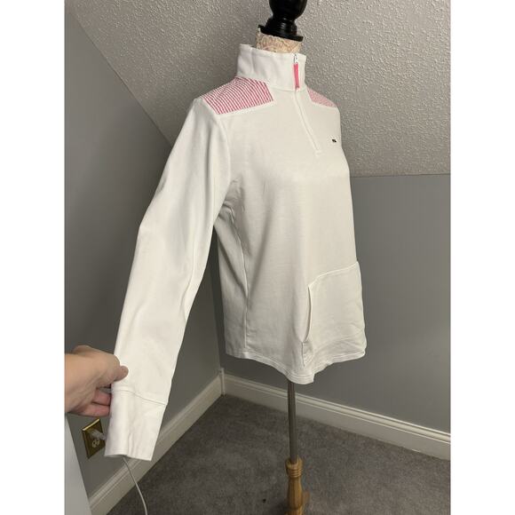 EUC Womens Vineyard Vines White Pink Seersucker Shep 1/4 Zip Shoulder Medium - Picture 4 of 8